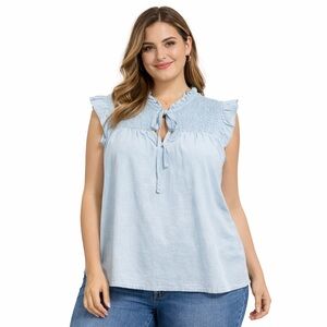For the Republic Light Blue Tencel sleeveless top with ruffle neckline Small